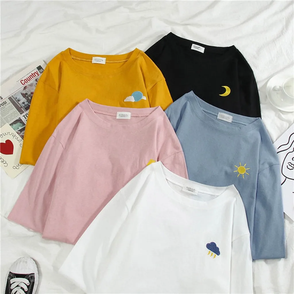 

2020 Tshirt Women O-neck Solid Color Weather Pattern Embroidery Long Sleeve Poleras Camiseta Mujer Top Women Harajuku T Shirt