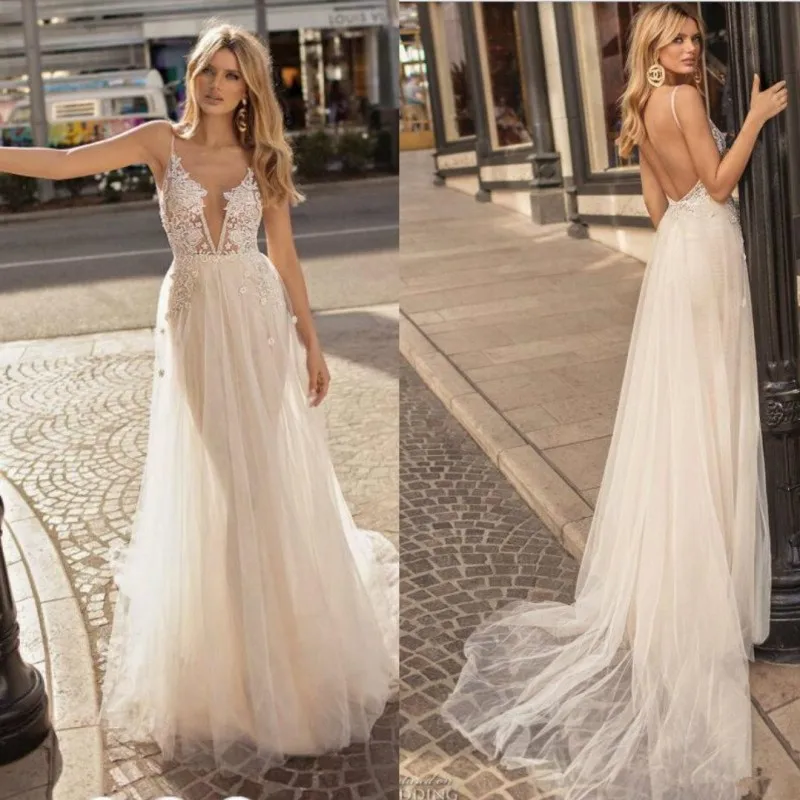 abiye robe de mariee Gowns Spaghetti Floor Length Boho Wedding Gowns Backless Bridal Dresses Appliques vestido de noiva
