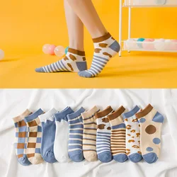 2 Pairs Pack Cotton Socks Women Breathable Japanese Ladies Striped Plaid Harajuku Socks Cute Cartoon Sock Ankle Low Cut 2021 New