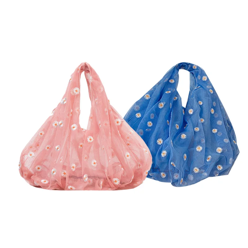 

2Pcs New Style Hand Bag Fresh and Western Style Small Daisy Embroidery Tulle Bag Female Underarm Bag