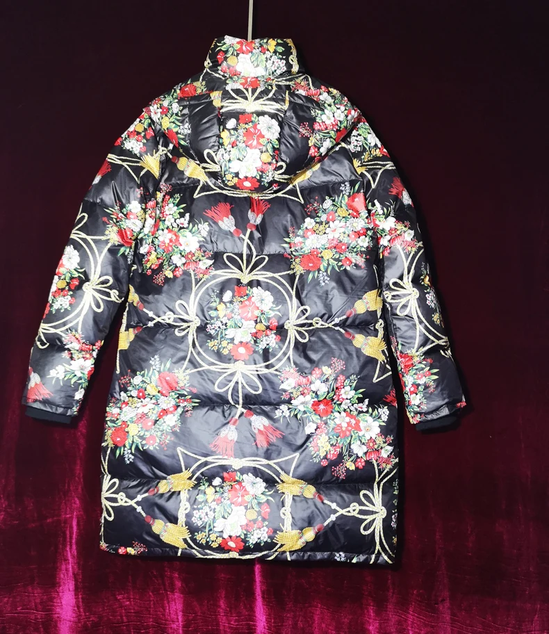 Qian Han Zi новые модные дизайнерские пальто женские с длинными рукавами с цветочным принтом 90% белый утиный пух зимние теплые длинные пуховики