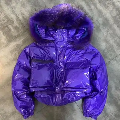 Purple Женская зимняя парка с воротником из натурального Лисьего меха, с капюшоном, с длинным рукавом, хлопковое пальто, женская теплая зимняя Глянцевая Водонепроницаемая короткая пуховая стеганая куртка - Цвет: Purple