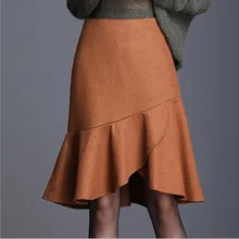 Модная Женская осенне-зимняя шерстяная юбка Женская высокая талия Повседневная юбка плюс размер юбка средней длины юбки женские S407