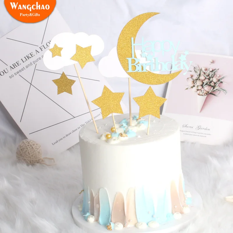 

1Set Glitter Paper Dreaming Little Stars Moon Cloud Cake Topper Kids Happy Birthday DIY Cake Decoration Supplies Baby Shower