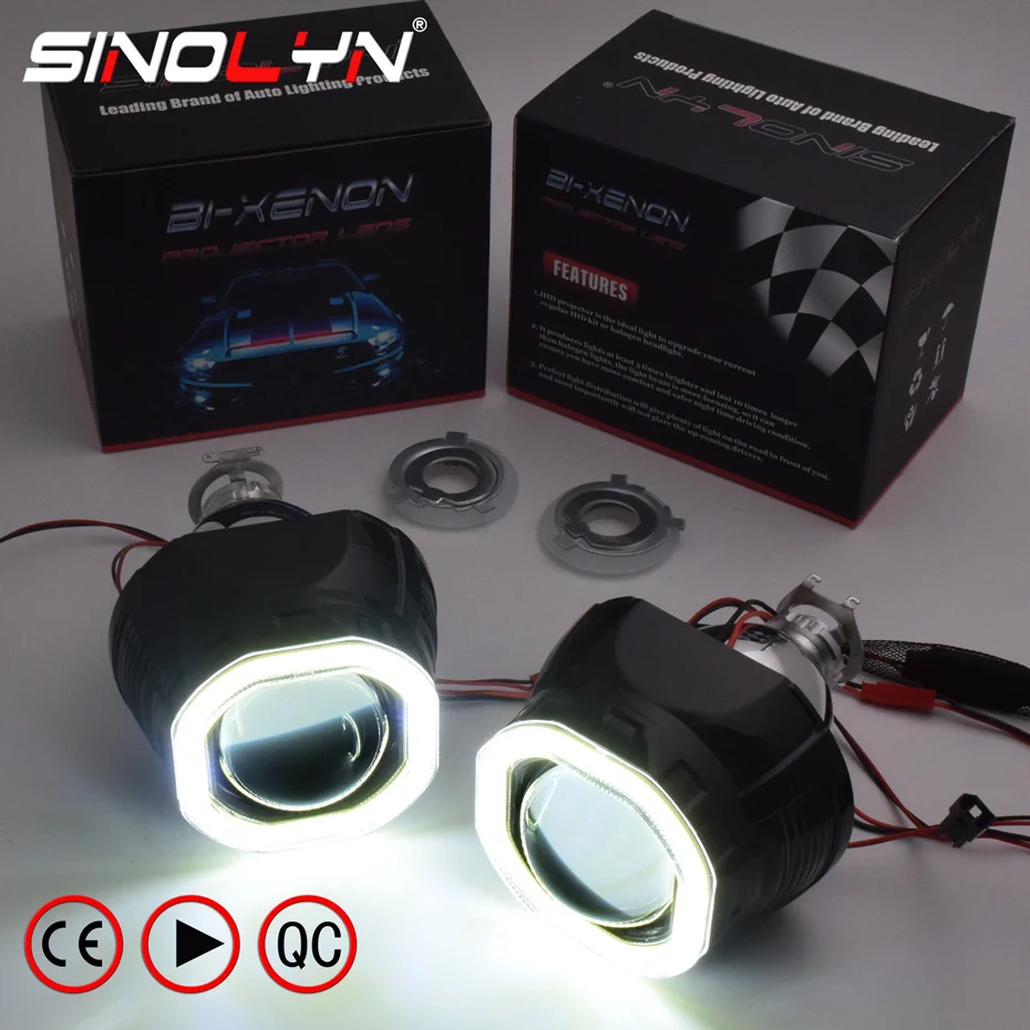 Kaufen Sinolyn H4 H7 Scheinwerfer Linsen LED Angel Eyes Bi xenon Projektor Schwarz Kit 2,5 HID Objektiv Für Auto Lichter zubehör Retrofit DIY