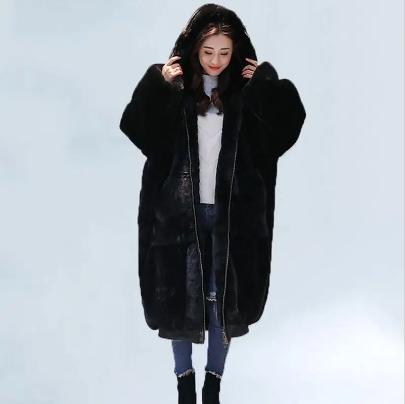 Большие размеры, зимнее пальто из искусственного меха, Женская куртка, длинная теплая куртка из искусственного меха, пальто с капюшоном, свободное зимнее пальто, верхняя одежда, casaco feminino - Цвет: Черный