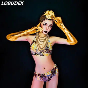 

Women Bar Pole Dance Performance Clothes Sexy Gold Leopard Bikini Party Show Costume Nightclub DJ Singer Dance Team Stage Outfit