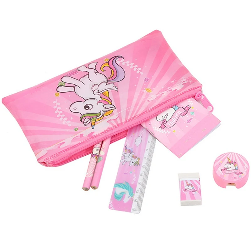 1 PCS Cartoon Unicorn pencil case for girls Cute stationery set pen bag with ruler eraser Kids Creative Festival Opening Gifts