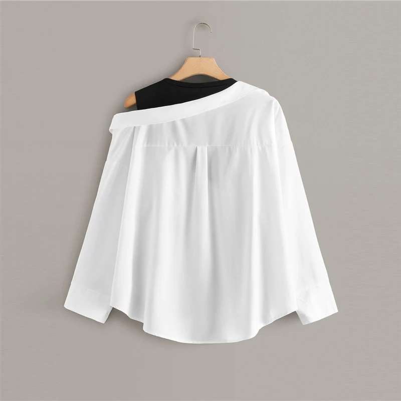 Шеин размера плюс белая Асимметричная блузка с контрастной панелью, женские топы, Осенние повседневные топы с круглым вырезом и карманами