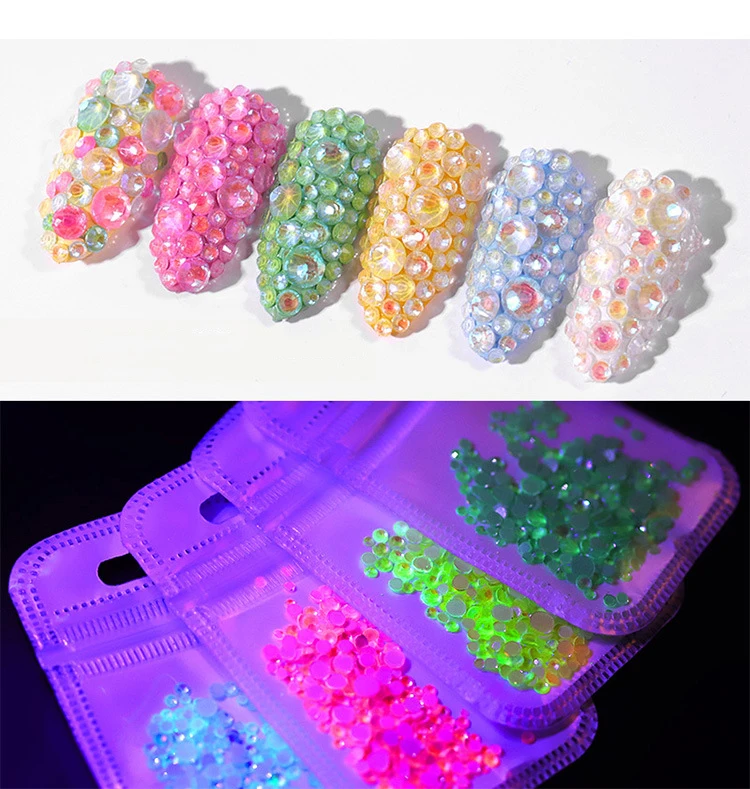 1 упаковка, светящиеся Стразы для ногтей, разные размеры, кристаллы для ногтей, блестящее стекло, 3D Шарм, плоская задняя сторона, стразы, флуоресцентный ноготь, художественные украшения