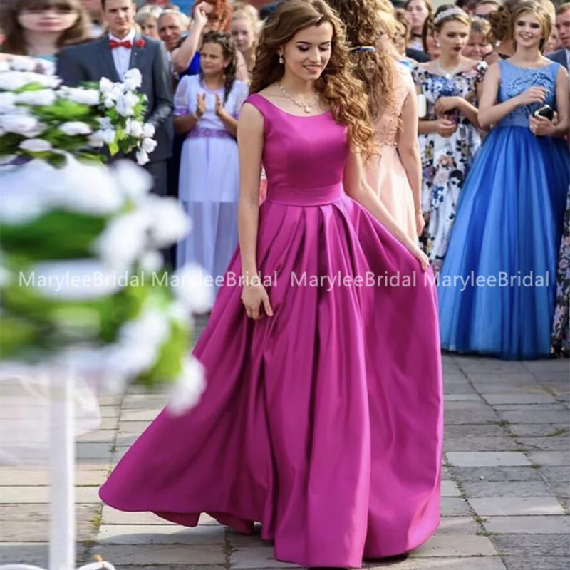 Длинное платье для выпускного вечера цвета фуксии и розового с круглым вырезом