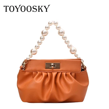

TOYOOSKY Folds Design Pearl Shoulder Tote Mini Solid Color PU Leather Crossbody Bags For Women 2020 Summer Shoulder Handbag