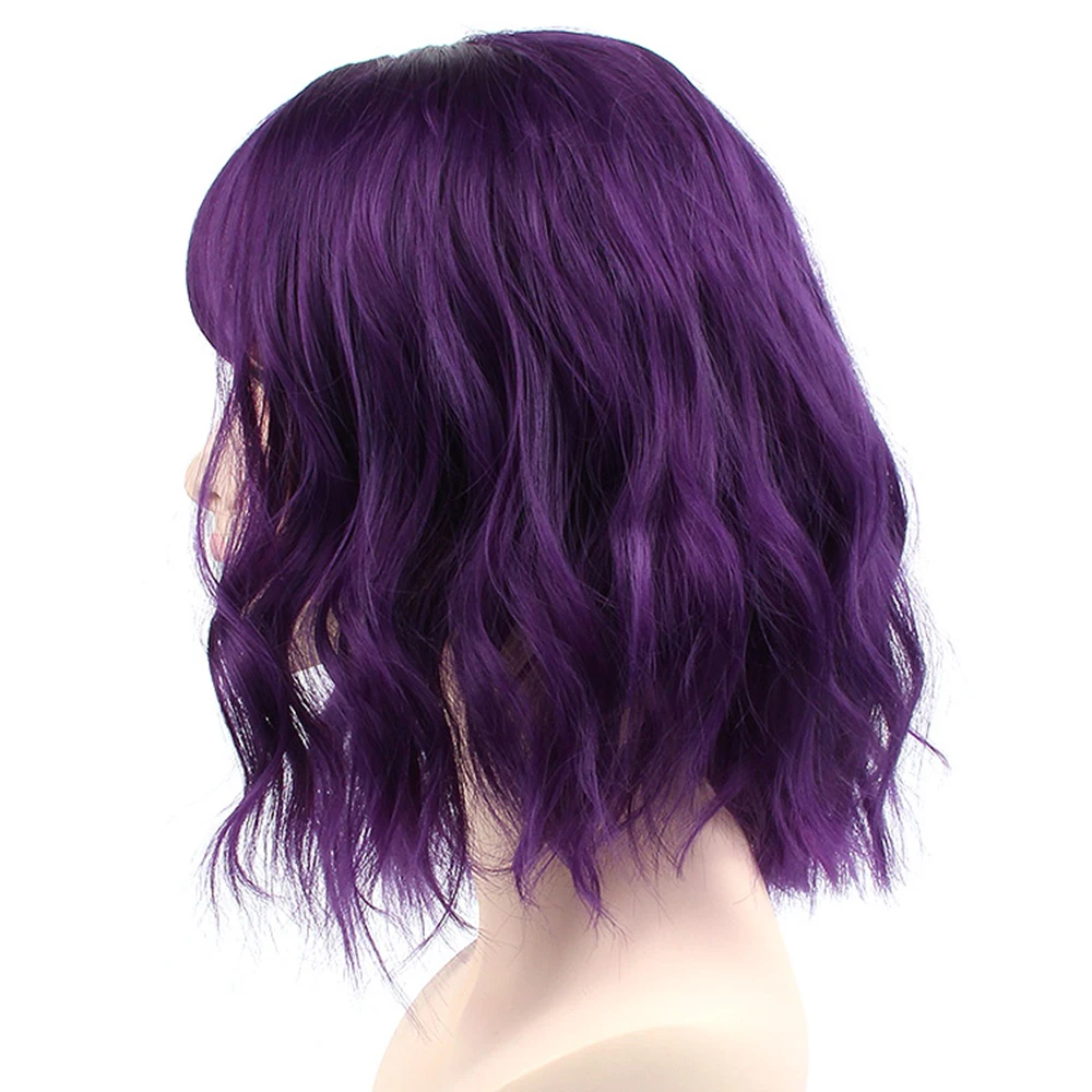 Pageup Short Natural Wave Synthetic Wig For Black Women Purple Wigs with Bangs Heat Resistant Fiber Hair Wigs