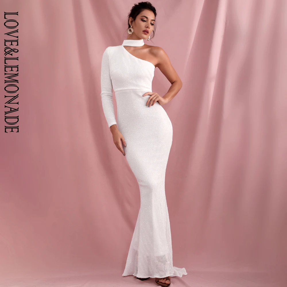 LOVE&LEMONADE сексуальное Белое платье с лямкой на шее без бретелек с одним рукавом эластичные вечерние платья макси с блестками LM82191
