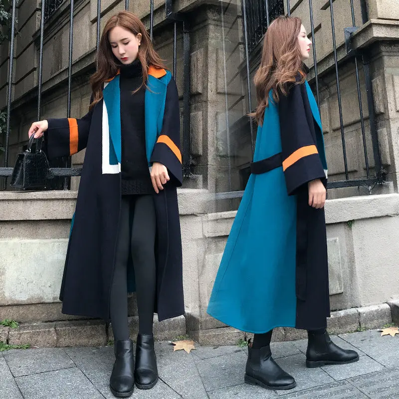 

Contrast Color Design Long Woolen Coat Female New 2020 Winter Jacket Women Hepburn Style Chic Loose Thick Sashes Outwear f2156