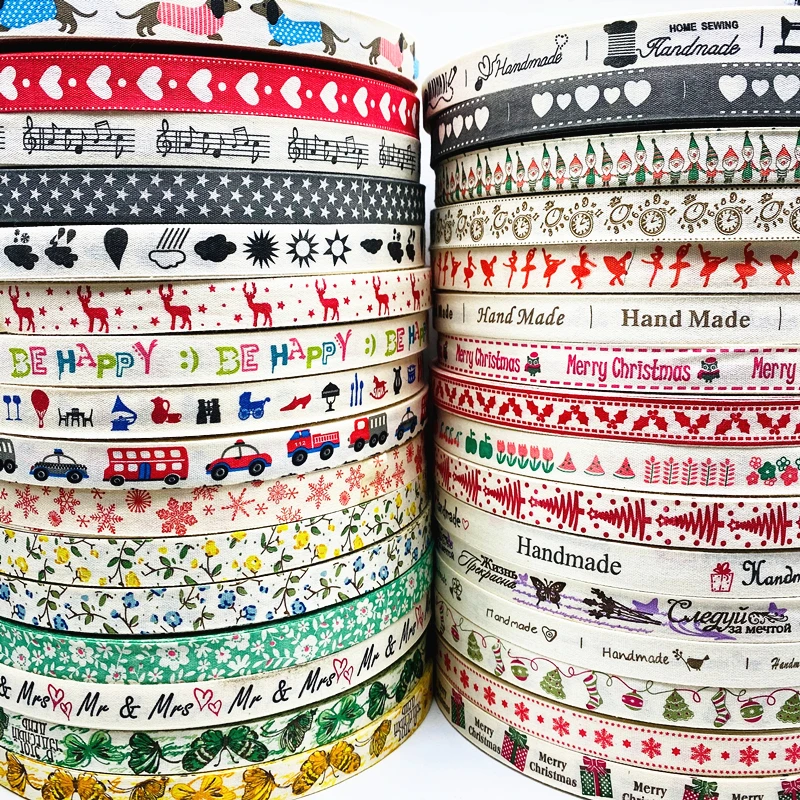 Cotton Ribbon 5yards/Lot 15mm Handmade Design Printed Christmas Ribbon for Apparel Sewing Fabric DIY Christmas Decoration