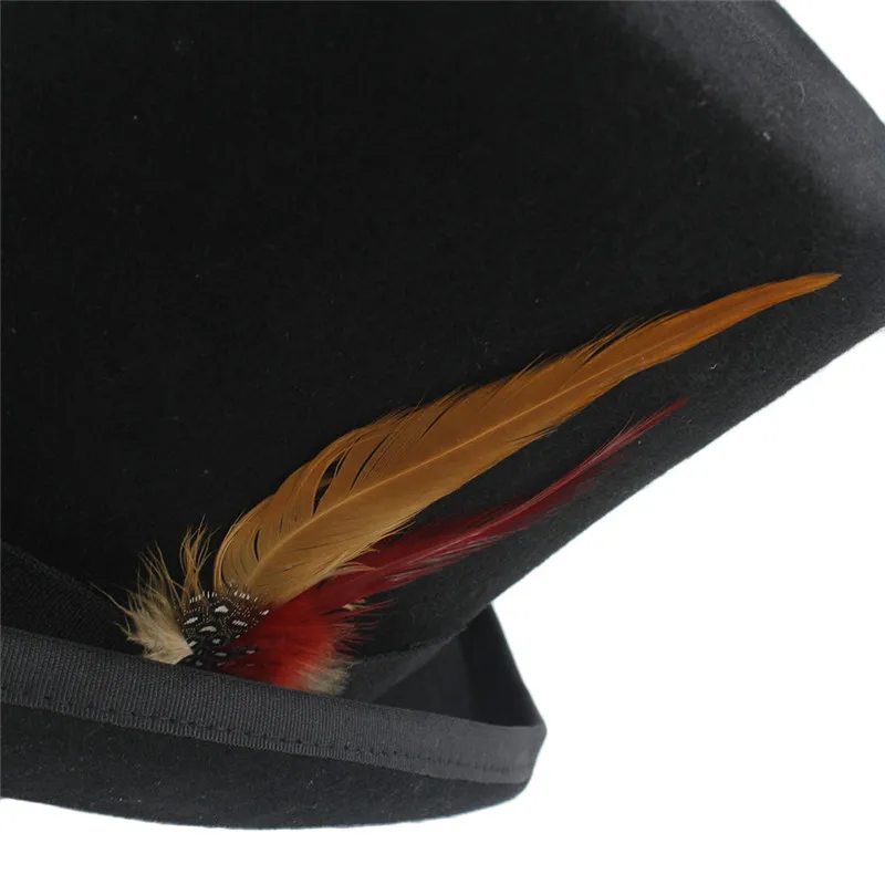 Топ шляпа 15 см(5,89 дюйма) шерсть для женщин и мужчин черная фетровая шляпа в стиле стимпанк с пером Mad Hatter Magic Top Caps 4 размера 55 57 59 61