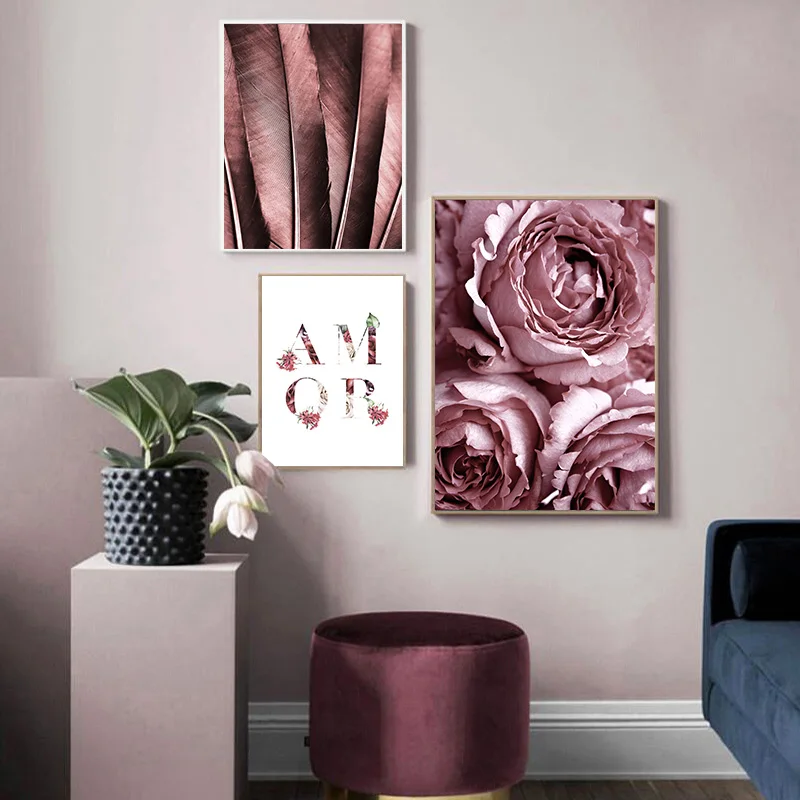 Scandinavian-Fashion-Poster-Rose-Flower-Feather-Nordic-Style-Wall-Art-Canvas-Print-Painting-Modern-Living-Room
