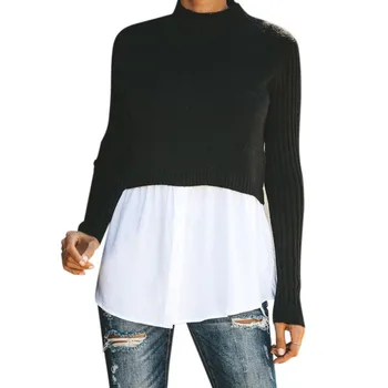 

New Women Sweater Autumn Winter Solid Slim Wild Tops Long Sleeve Turtleneck Casual Knit Stitching Sweater W1