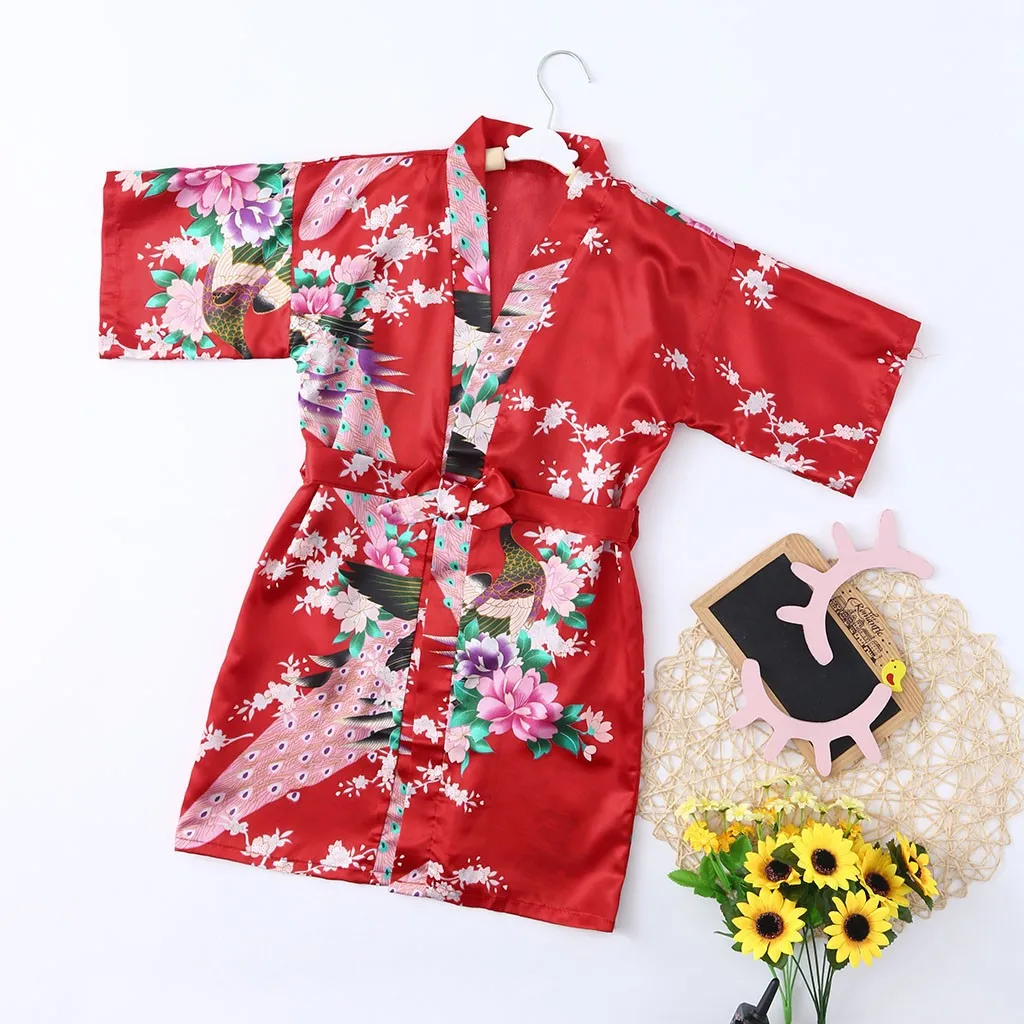 TELOTUNY Baby Kid Girls Sleeve Floral Print Silk Satin Kimono Robes Bathrobe Lace Up Thin Cardigan Nightgown Sleepwear Clothes