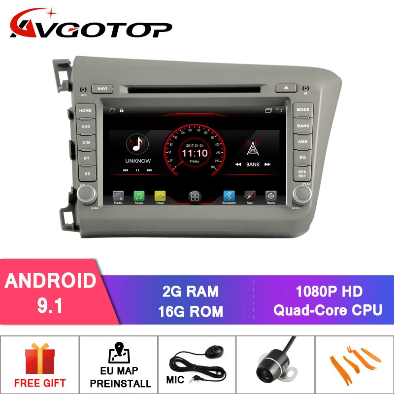 AVGOTOP Android 9 WINCE Bluetooth GPS Автомобильный радиоприёмник dvd-плеер для HONDA CIVIC 2012 LHD 2G 16G MP3 MP4 Автомобильный Wi-Fi мультимедиа