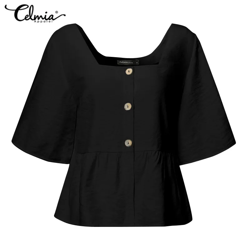 Elegant Solid Tunic Shirt Women Ruffles Blouse Celmia 2020 Summer Half Sleeve Sexy Square Collar Button Party Stylish Top Blusas - 4.00058E+12