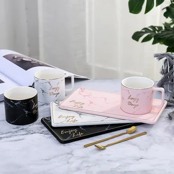 

Nordic Creative Coffee Mug Saucer Set Brief Mug with Spoon Tray Household Afternoon Teacup Breakfast Dessert Plate Cup for Lover