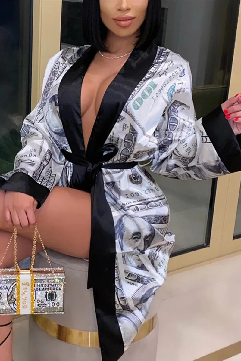 

Women acute Satin Robe Trendy Dollar Print Long Sleeve Silky Kimono Bathrobe Sleepwear with Belt Lady Nightwear Underwear Pajama