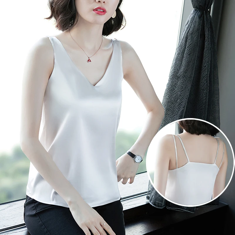Korean Silk Women Camis Woman Satin Silk Tank Tops Women Elastic Strap Halter Top Woman Sleeveless V Neck Camis Top Plus Size