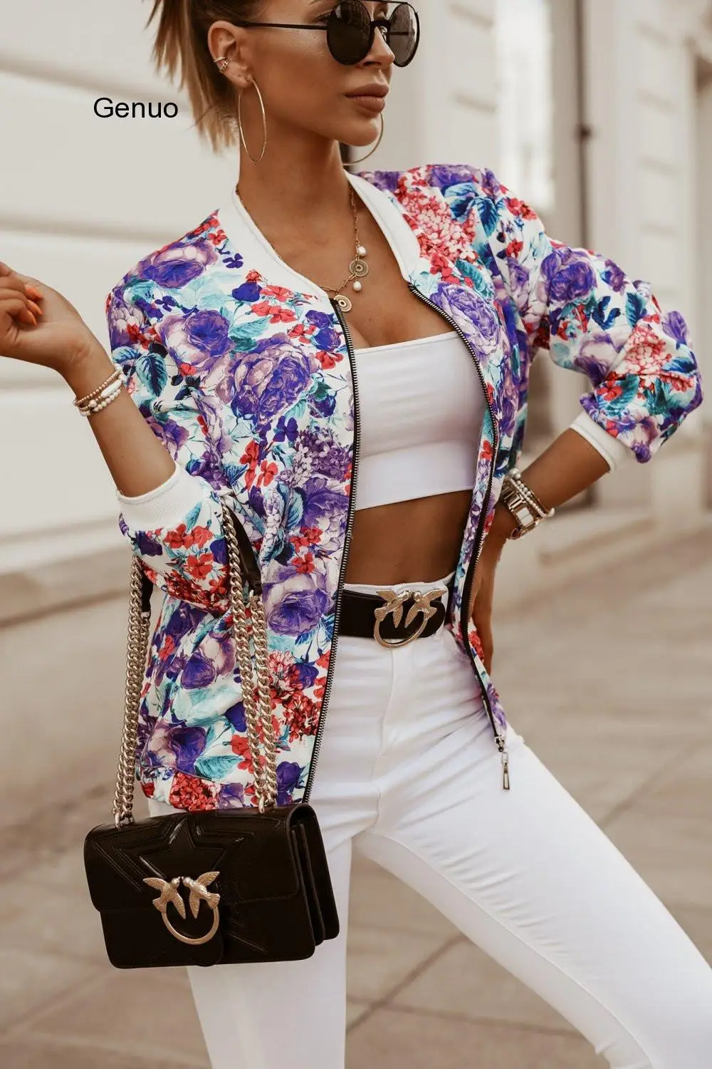 

Floral Print Jacket Coat Lady Long Sleeve Zipper Up Retro Coat Autumn Slim Basic Plus Size Short Baseball Jackets Female