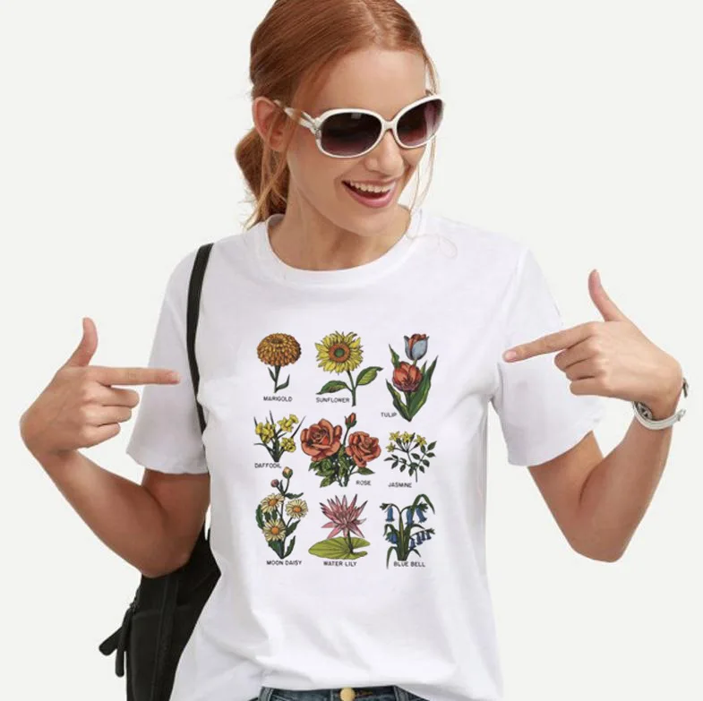 Футболка с цветочным принтом, женская футболка с коротким рукавом и круглым вырезом, свободная футболка Харадзюку, летняя модная женская футболка, топы