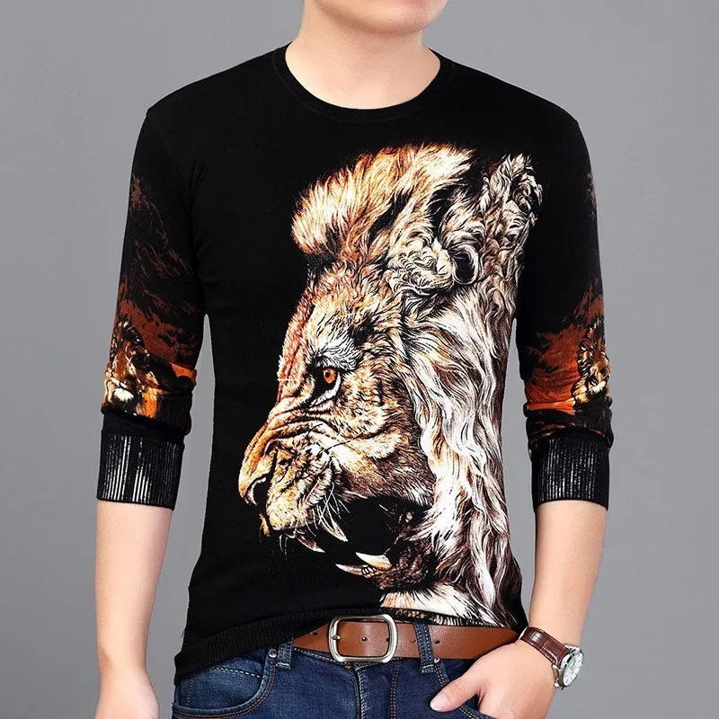

2020 Spring Lion Head Painting Sweater Fashion Pullover Men Slim Fit Pull Pullover Men Clothes M-3XL