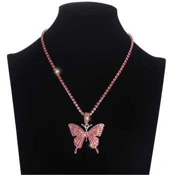 

Pink Butterfly Necklace Chain Iced Out Jewelry Luxury Female Crystal Neck Pendants Women Rhinestones Jewellery Wholesale