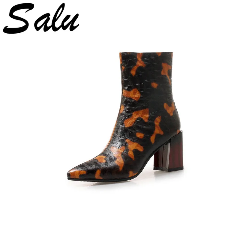 

Salu Boots Women Ankle Boots Genuine Leather Autumn Winter Warm High Heels Shoes Woman Party Punk Brand Ladies Boots