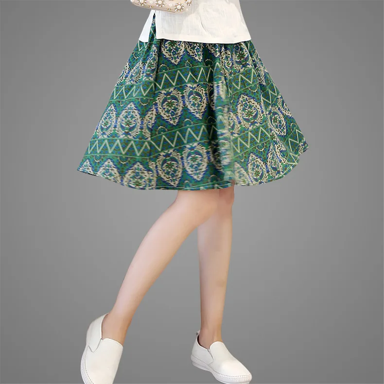 

Women's Summer Bohemian Flax Printed Pleated Plain Color Fresh Versatile Big Hemline Half-length Tutu Cotton Linen Short Skirt
