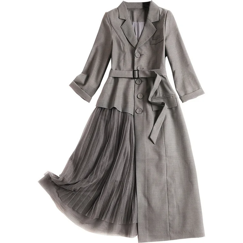 

2019 New Spring Elegant Office Lady Dress Fashion Designers Women Notched Mesh Patchwork Blazer Dress Casual Party Dress 2xl
