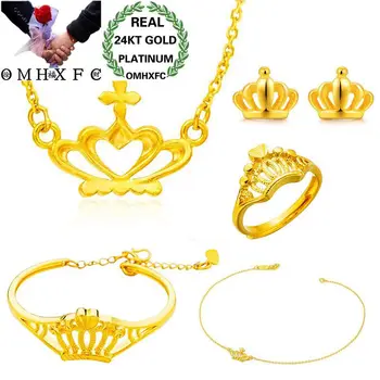 

OMHXFC Wholesale European Fashion Woman Party Wedding Gift Crown 24KT Gold Necklace+Bracelet+Ring+Stud Earrings Jewelry Set SS28