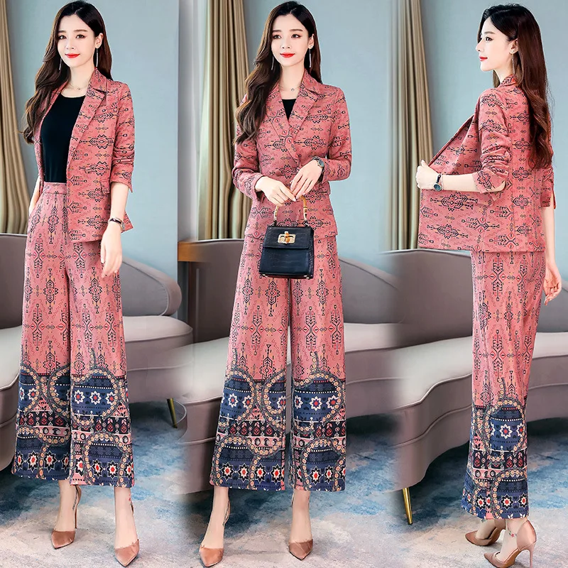 

Women's Casual Floral Printed Blazer2 Pieces Set Suit V-Neck Wiped Kimono Loose Pajama Jacket +Trousers Two Piece Suits