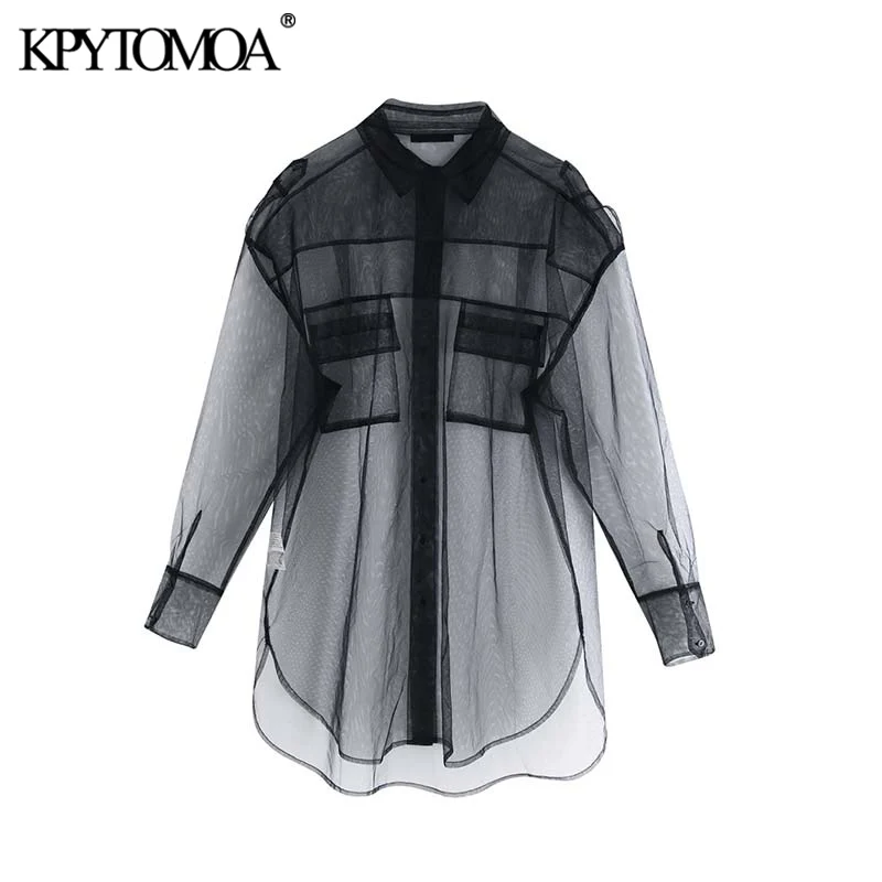 Vintage Sexy Transparent Oversized Long Style Mesh Blouses Women Fashion Long Sleeve See Through Female Shirts Chi Tops