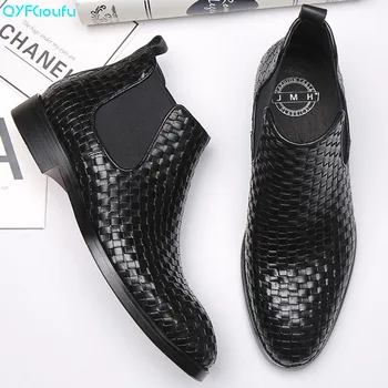 

QYFCIOUFU 2019 Mens Dress Boots Weaving Leather Ankle Boots Pointed Genuine Leather Black Cowboy Boots Euro 44 Business Shoes