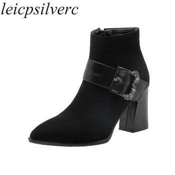 

Women Boots Autumn Winter High Heel Warm Flock Pointed Toe Patchwork Zip Ankle 2019 New Sexy Fashion Black Big Size 34-48 Plush