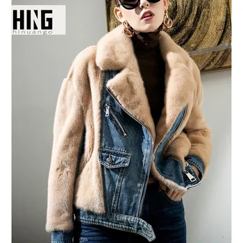 

Plus Size Winter 2020 New Denim Spliced Fox Fur Coat Women Short Embroidery Thickened Warm Coat Oversized Designer Jean Jacket