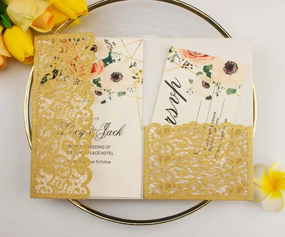 

100pcs elegant glitter paper tri-fold pocketfolds laser cut Wedding invitations trifold pocket invitation cards gatefold
