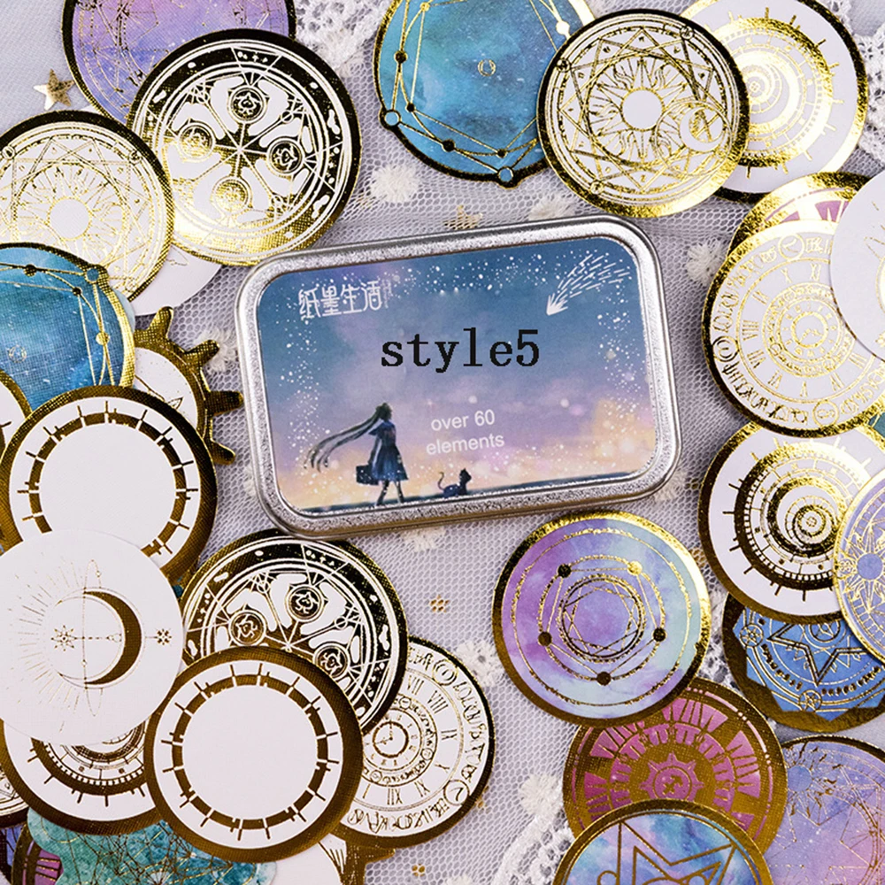 

60 Pcs/Box Fantasy Starry Sky Planet Gold Round Paper Sticker DIY Diary Sticker Album Scrapbooking Decoration