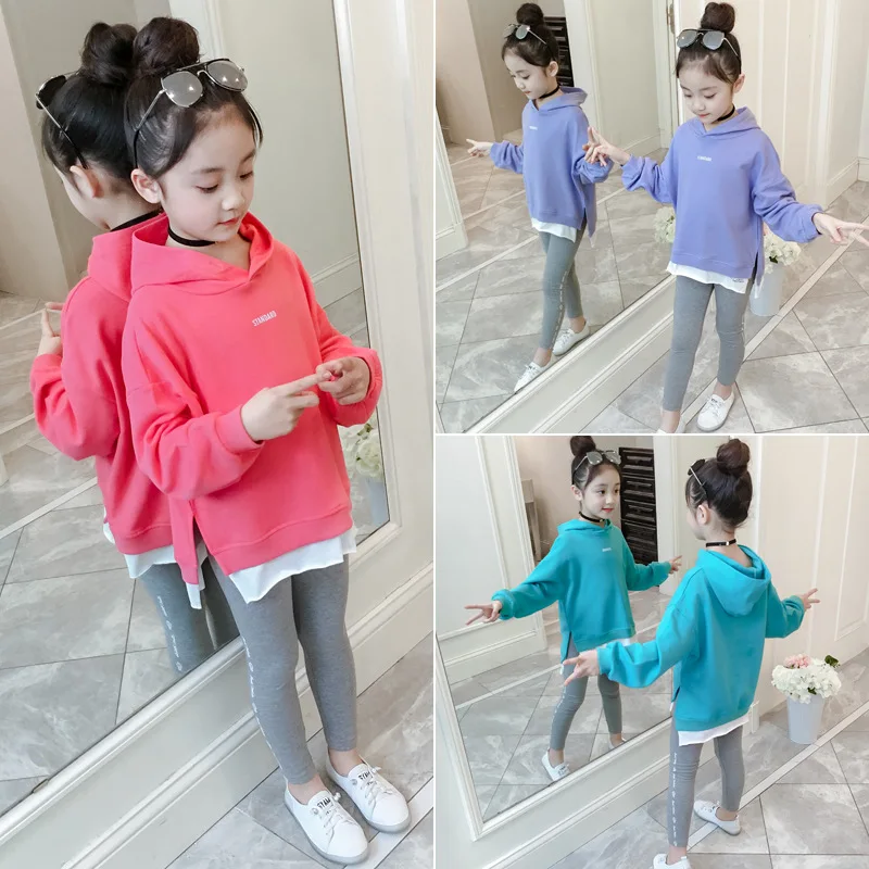 

Childrenswear Hoodie Suit Girls New Style Korean-style Spring And Autumn Children Two-Piece Set Big Boy Solid Color Set