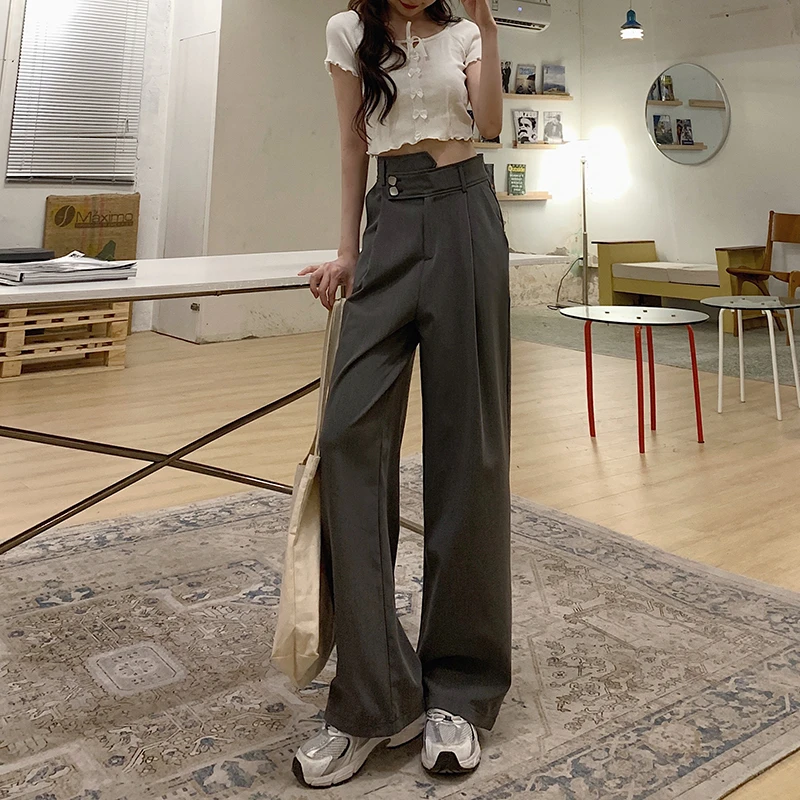 

2021 New Summer Korean Style Women All-matched Ankle-length Pants Casual Loose Broadcloth Button Fly Waist Straight Pants V65