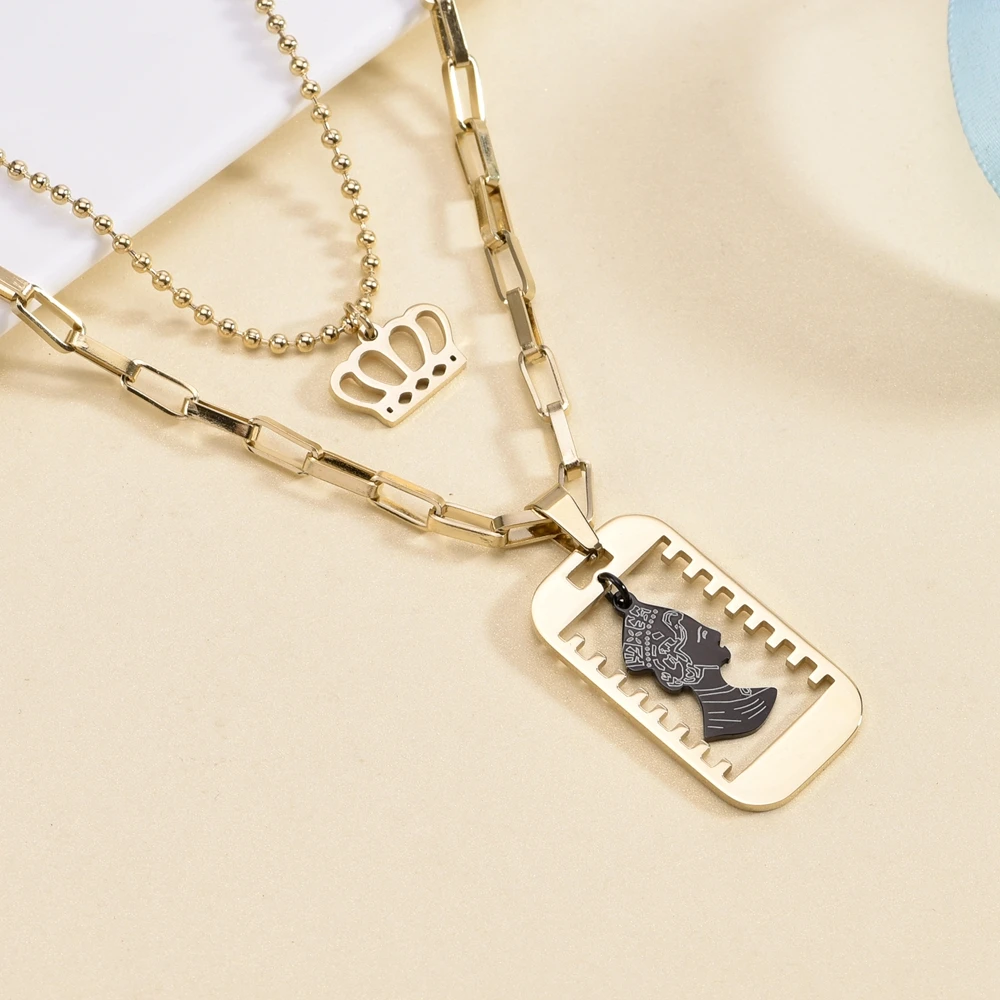 

SDA Vintage Stainless Steel Crown and King Necklaces Pendants Multilayer Women Sweater Chain