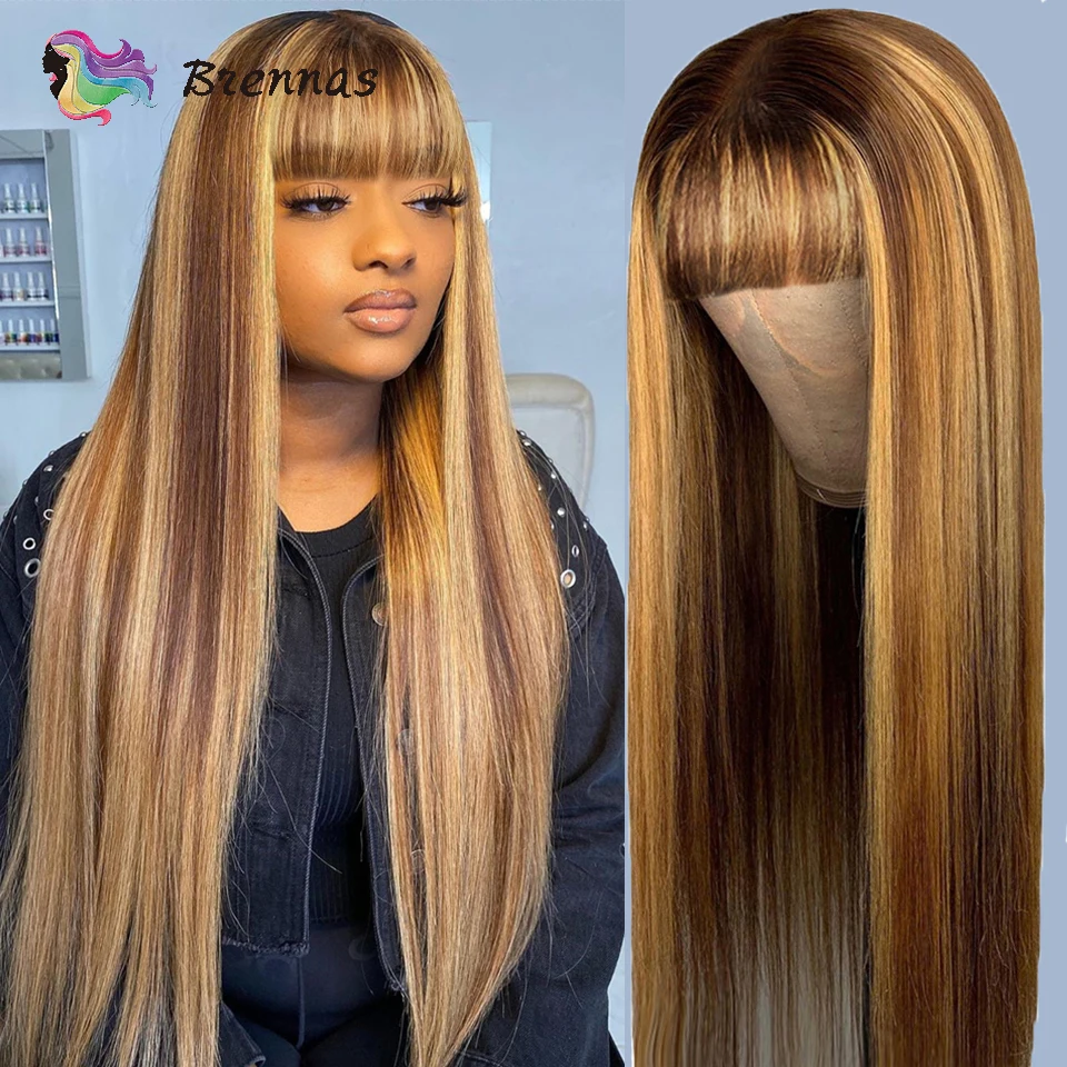 4/27 Highlight Wig Malaysia Straight Wig With Bangs Glueless Machine