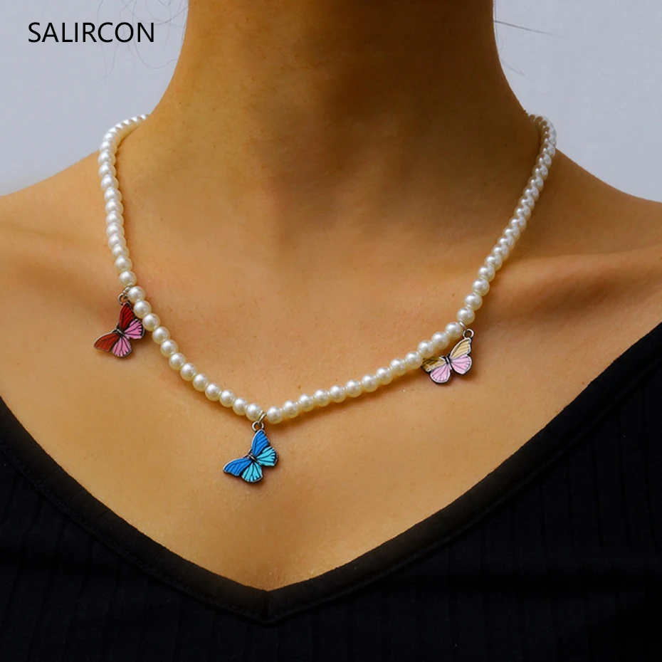 

Salircon New Colorful Butterfly Pendant Necklace Fashion Imitaion Pearl Chain Choker Necklace Women 2020 Animal Design Jewelry