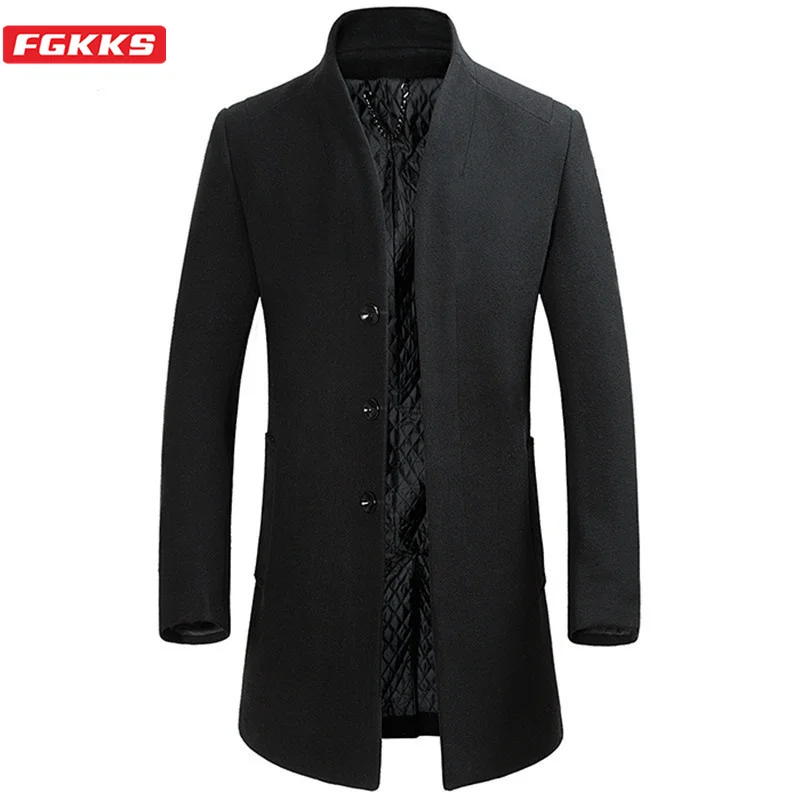 FGKKS Brand Men Winter Wool Blends Coat Men's Warm Casual Long Section Coat Fashion Male Windproof Slim Fit Woolen Coats Tops